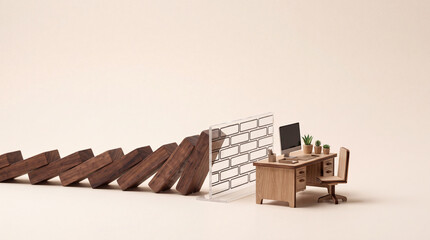 Fototapeta premium Conceptual Miniature Scene of Falling Wooden Domino Blocks Being Stopped by a Transparent Brick Wall Barrier Protecting a Small Office Desk Setup, Symbolizing Risk Management and Security