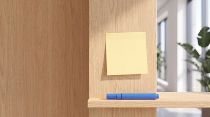 Fototapeta premium Blank yellow sticky note attached to a light wooden wall with a blue marker on a shelf in a bright modern minimalist office interior, perfect for business reminders, to-do lists, and tasks.