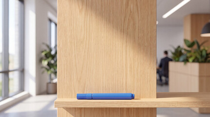 Fototapeta premium Blue whiteboard marker lying on a wooden shelf against a wooden wall partition in a modern bright office interior workspace with blurred background people and plants for mockup