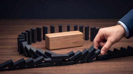Fototapeta premium Businessman Hand Stopping Falling Black Wooden Blocks to Prevent Domino Effect and Protect Central Block, Representing Crisis Management, Risk Prevention, and Insurance Strategy Concept