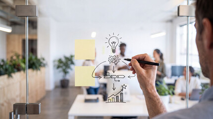 Fototapeta premium Close up of Businessman Hand Drawing Creative Business Strategy Flowchart and Innovation Idea Icons on Glass Wall in Modern Office with Diverse Team in Blurry Background for Startup Concept