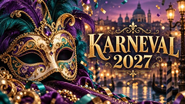 Playful Karneval 2027 Paper Cut Carnival Background with Masks and Confetti