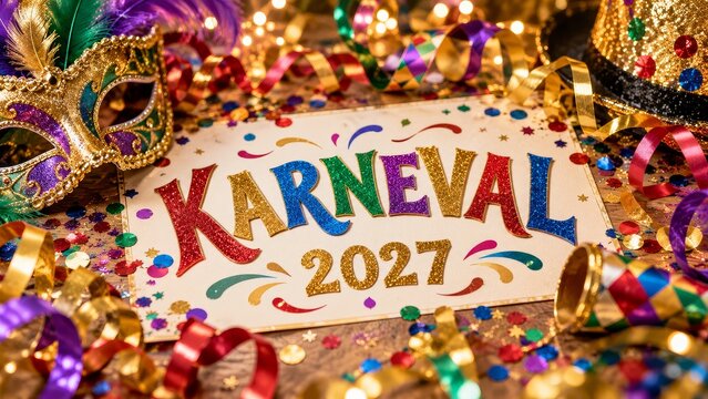Neon Karneval 2027 Carnival Banner with Glowing Mask and Colorful Confetti