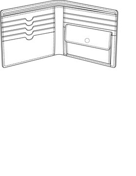 Open leather wallet vector schematic outline template with multiple credit card slots and buttoned coin pocket