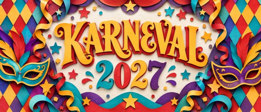 Karneval 2027 Wide Celebration Banner with Colorful Confetti and Curled Ribbons