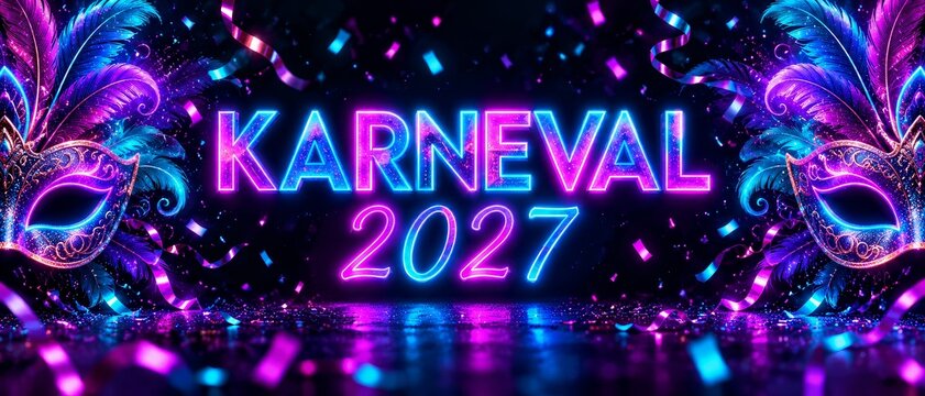Luxury Karneval 2027 Wide Banner with Golden Masks Purple Velvet and Confetti