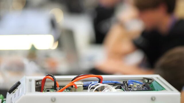 Close-up of electronic device with wires inside. Background shows blurred people working. Focus stays on tech components throughout frames. Scene suggests tech workshop or lab setting