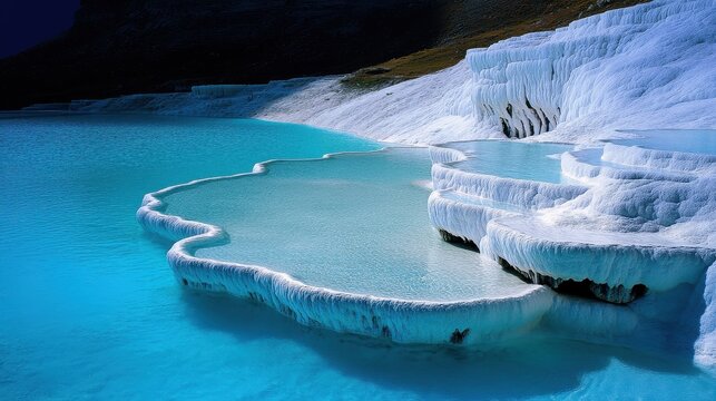 Pamukkale's natural white travertine terraces and vivid turquoise thermal pools.