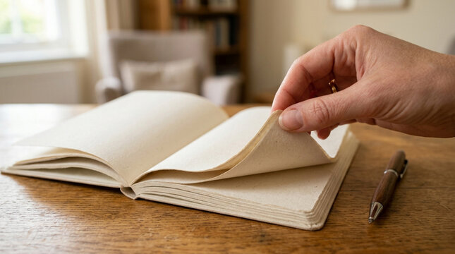 Hand turning blank pages of an open notebook with a pen on a wooden table