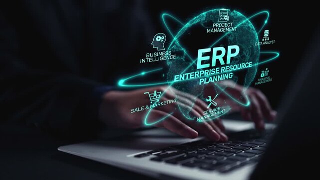 ERP platform visual showing centralized system for enterprise resource planning, improving integration, data flow, business efficiency, finance, inventory, and human resources. Elide