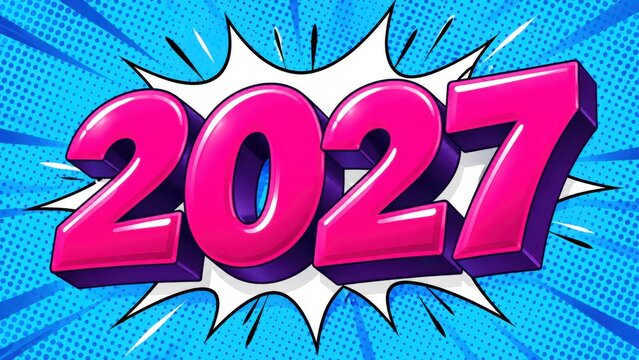 Bold 2027 pop art comic book style graphic with halftone pattern
