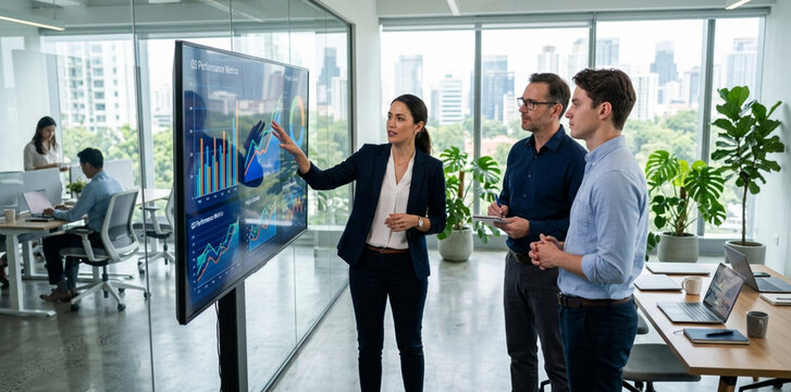 Business meeting: analytics presentation on large screen in modern office