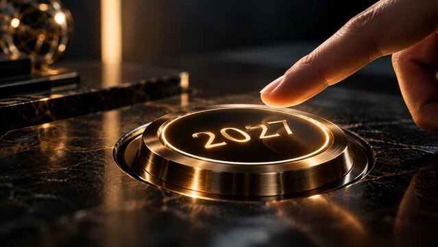 Human finger pressing glowing gold button with year 2027 inscription