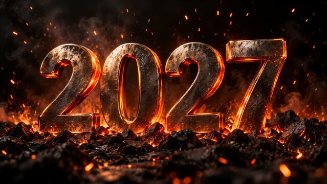 Heavy metallic 2027 numbers embedded in burning charcoal and embers