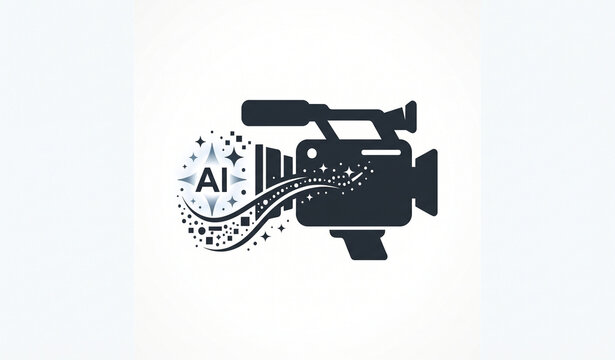 AI Video Camera Logo with Digital Effects, Artificial Intelligence Filmmaking, Cinematography and Modern Media Technology Icon