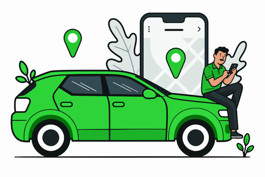 Online Car Hailing Driver Sitting on Hood Checking Smartphone While Waiting for Ride Order Vector Illustration