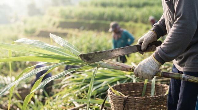 Manual harvesting of sugarcane in a rural agricultural field by a farmer using a machete