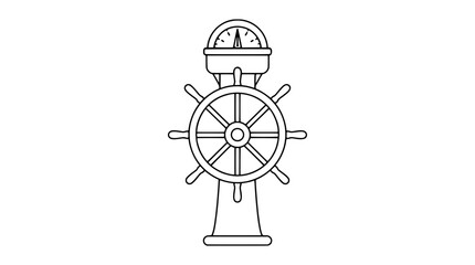Marine Steering Pedestal with Compass Dome Ship Navigation Helm Vector Icon Illustration Nautical Wheel Binnacle Maritime Equipment Line Drawing Black and White Design Element for Web and Print © Mehedi