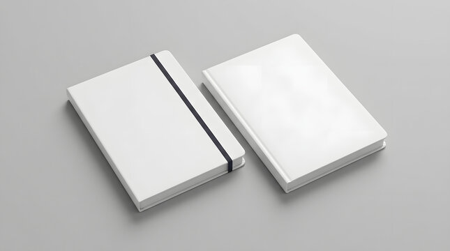 Two white blank notebooks with an elastic strap resting on a gray background