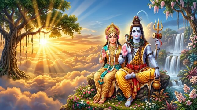 Lord Shiva and Parvati in Sacred Garden Landscape with Golden Sunrise and Divine Spiritual Glow