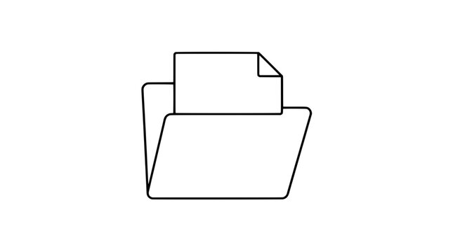 Open folder icon with paper document sheet emerging from top, clean minimalist line art illustration perfect for file management and organization, flat vector design symbol for digital storage
