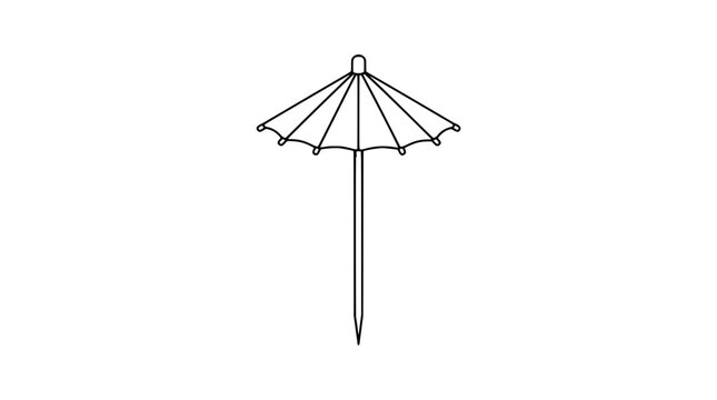 Minimalist black and white line art vector icon of a paper cocktail umbrella parasol on wooden toothpick stem, tropical drink decoration with canopy ribs and pointed pick isolated on white background