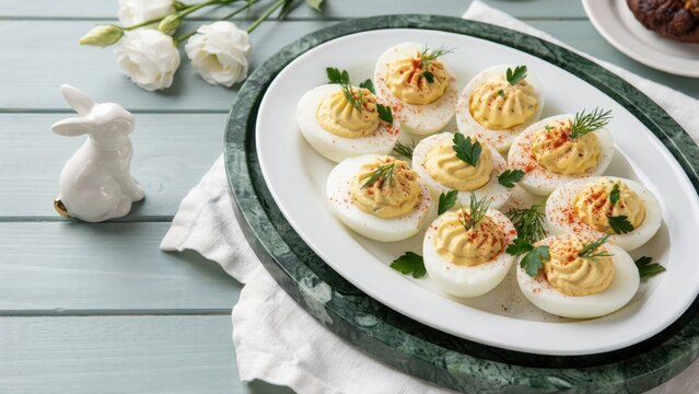 Delicious deviled eggs on a white plate on a rustic wooden table