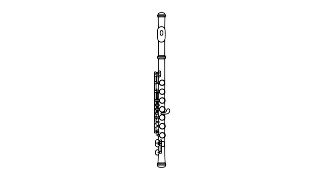 Hand-drawn vector illustration of a piccolo flute with intricate key mechanisms, polished black grenadilla woodwind instrument, detailed musical icon, single line art on white background