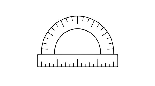Hand traced vector icon of a plastic protractor ruler with integrated straight edge, simple black and white line drawing of measuring tool for geometry mathematics education design
