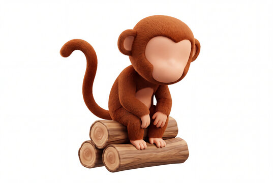 Stylized 3d monkey character sitting on wooden logs