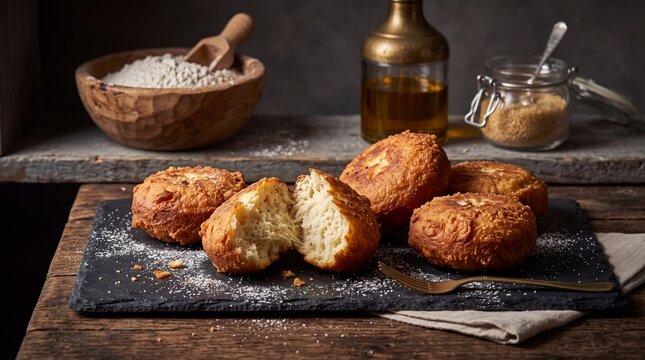 Traditional Zimbabwean Magwinya, Golden Fried Dough Buns with One Torn Open to Show the Soft Inside, on Black Slate with a Brass Fork on a Rustic Wooden Table
