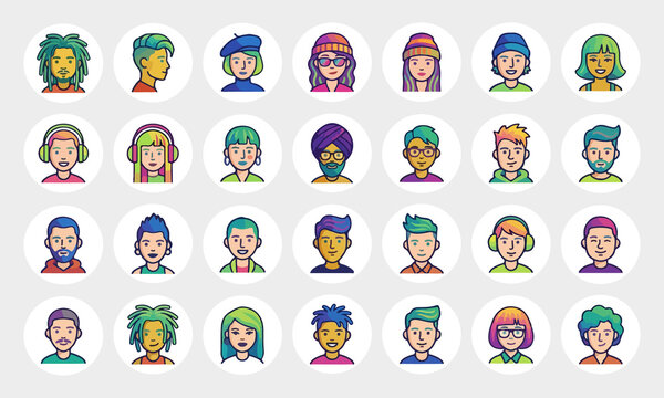 Diversity Avatar Icon Set with Colorful Hairstyles, Diverse People Characters, Modern Profiles, and User Portraits