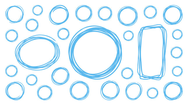 Set of Blue Hand Drawn Scribble Circles and Rectangles Vector Illustration