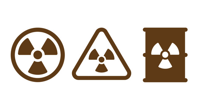 Three radiation and nuclear hazard warning signs as circular triangular and barrel icons with radiation radioactive chemistry scientific emergency incident contamination
