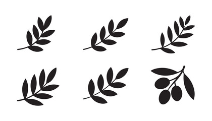 Fototapeta premium Minimalist black olive branches and leaves set icon pack isolated on transparent background vector.