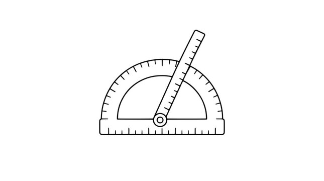 Minimalist line art vector illustration of a semicircular protractor ruler with swinging measuring arm and pivot guide for precise angle measurement, geometry education drafting tool icon