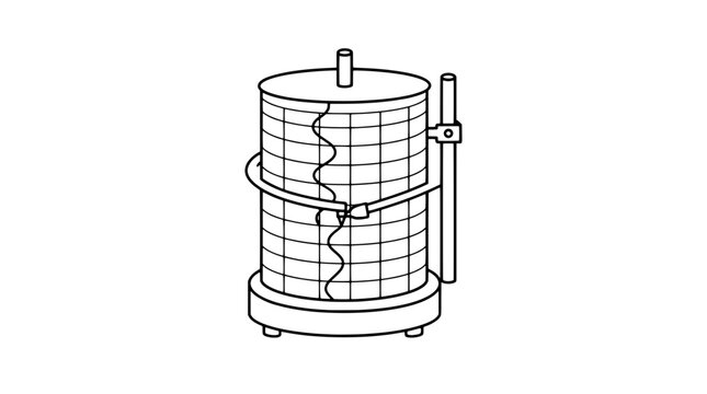 Hand-drawn vector illustration of a recording thermograph cylinder with spiral arm, scientific instrument icon, barograph recording device, measurement apparatus, black and white line art drawing