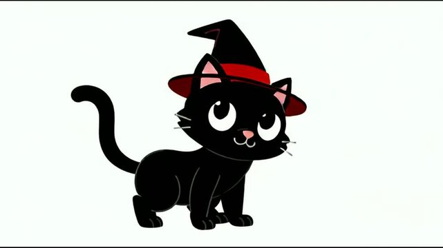 Cute black kitten wearing a witch hat for Halloween celebration vector illustration.