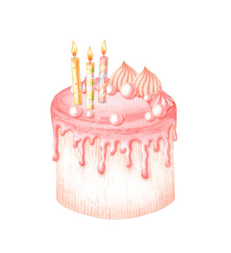Pink cake with three candles, round candies and marshmallows, hand-drawn watercolor illustration isolated from background, suitable for birthday cards, packaging, stickers, invitations, menus 