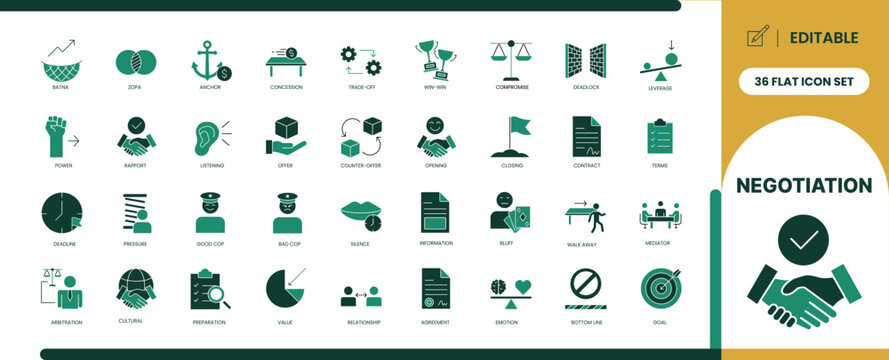 Negotiation flat glyph icon set with handshake