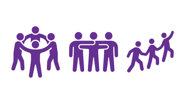 Collection of three purple icon designs illustrating community teamwork social connection among people teamwork community collaboration connection partnership together