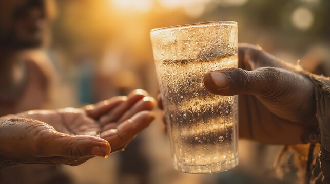 A hand offers a glass of water to another hand.