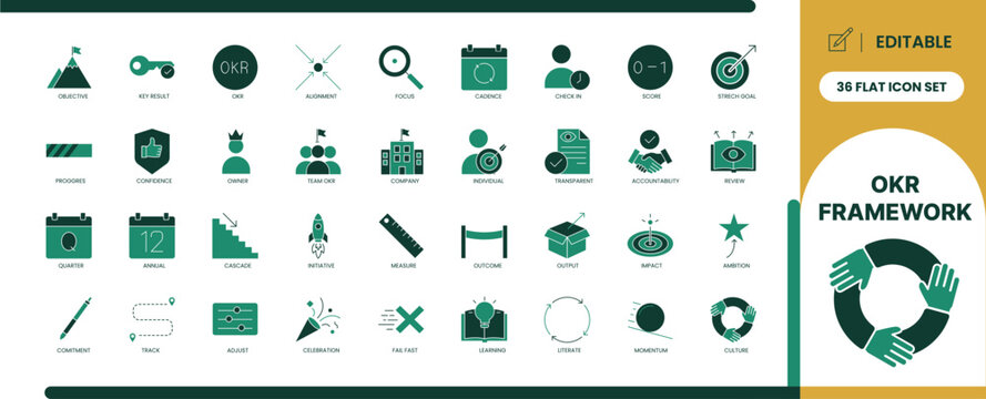 OKR framework flat glyph icon set
