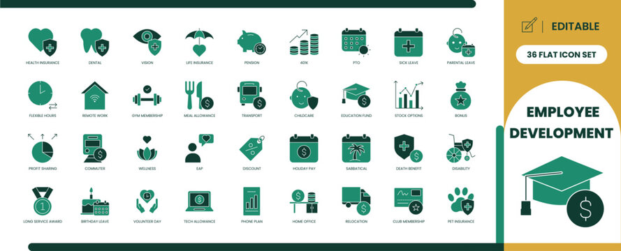 Employee development flat glyph icon set