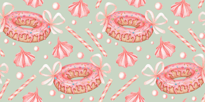 Pink donut, bows, marshmallows, wafer sticks and round candies, seamless watercolor pattern on a mint green background, suitable for wrapping paper, packaging, textiles, stationery and festive designs