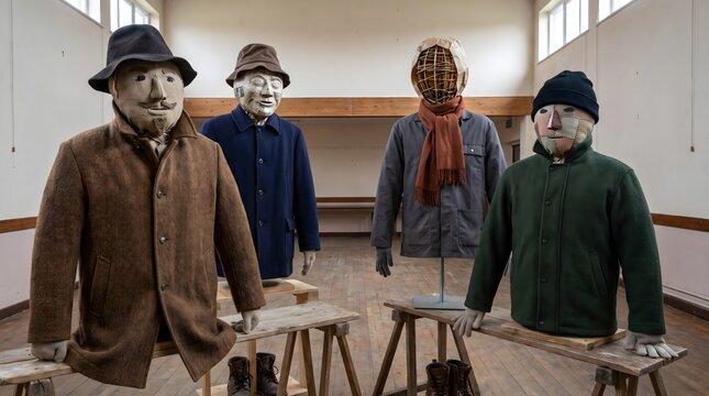 Four handmade scarecrow figures in coats and hats displayed inside a large community hall. Wooden sawhorse stands support textile art sculptures with textured faces. Unique exhibition installation