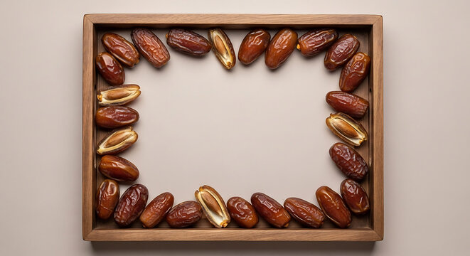 A wooden frame filled with delicious dried date fruits arranged in a rectangular border pattern.