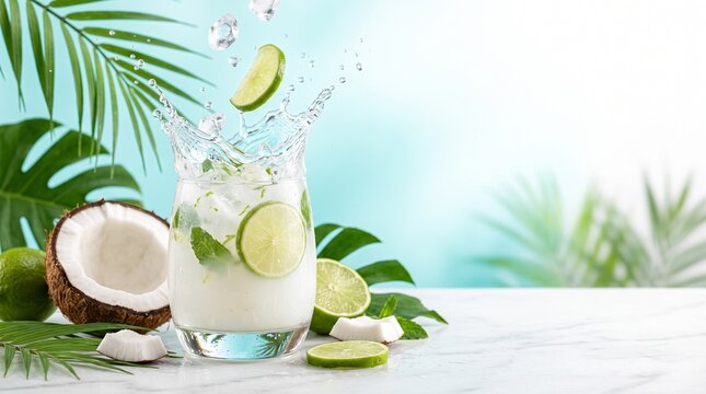 Refreshing coconut lime cocktail in a glass with a water splash and falling ice on a marble table with tropical palm leaves and fresh coconut halves against a blue background.
