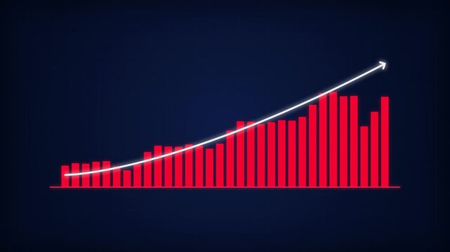 Rising financial graph with a sharp white arrow crossing red bars on dark background, concept for economic growth, suitable for corporate presentations and investment reports.