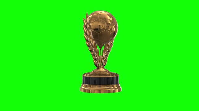 Football Award Trophy 4K 3D Soccer Trophy for football match play winner champion award wtih green screen background for chroma key video editing.